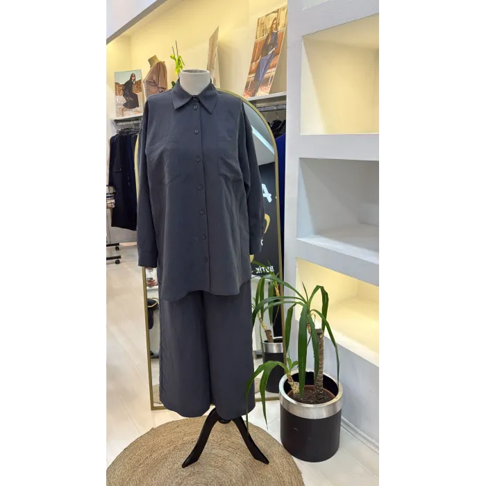 Nuss 1021 Kendinden Çizgili Pantolonlu Takım - Antrasit