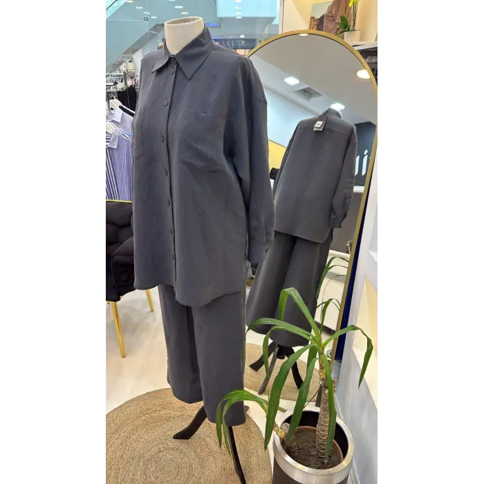 Nuss 1021 Kendinden Çizgili Pantolonlu Takım - Antrasit