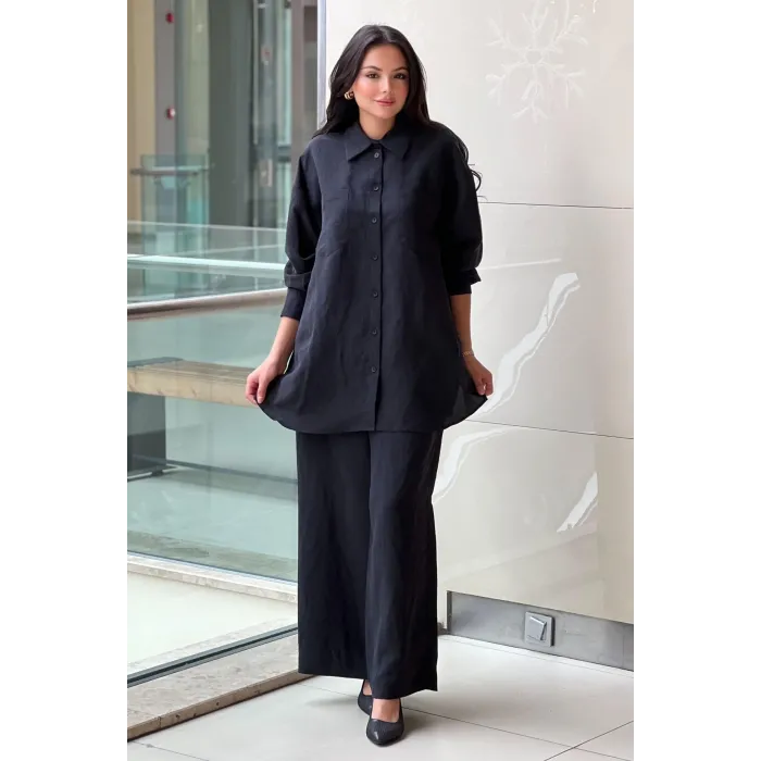 Nuss 1021 Kendinden Çizgili Pantolonlu Takım - siyah