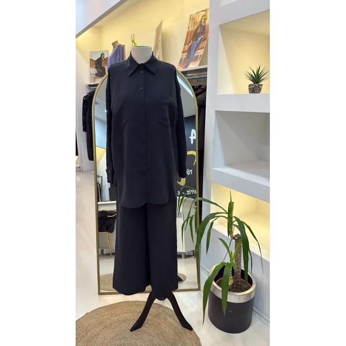 Nuss 1021 Kendinden Çizgili Pantolonlu Takım - siyah