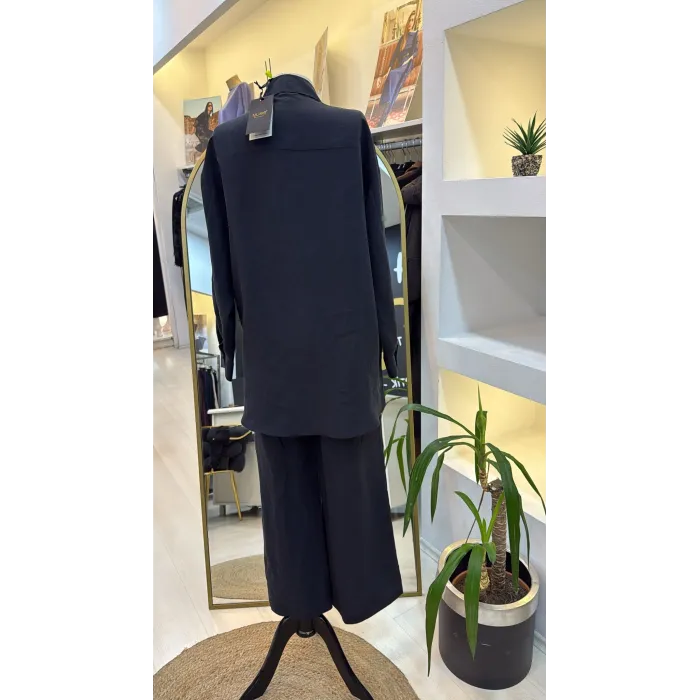 Nuss 1021 Kendinden Çizgili Pantolonlu Takım - siyah