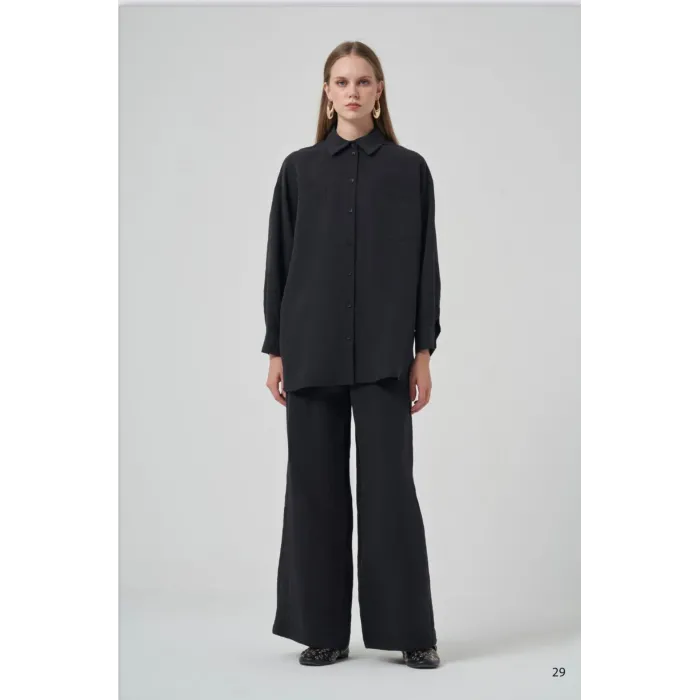 Nuss 1021 Kendinden Çizgili Pantolonlu Takım - siyah