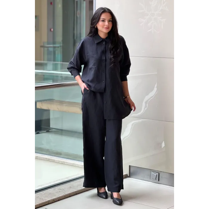 Nuss 1021 Kendinden Çizgili Pantolonlu Takım - siyah