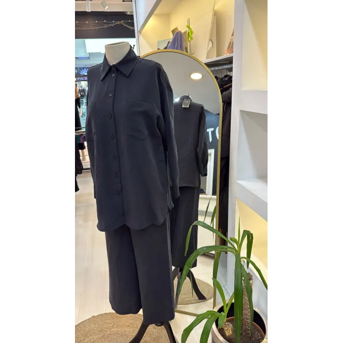 Nuss 1021 Kendinden Çizgili Pantolonlu Takım - siyah