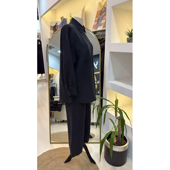 Nuss 1021 Kendinden Çizgili Pantolonlu Takım - siyah