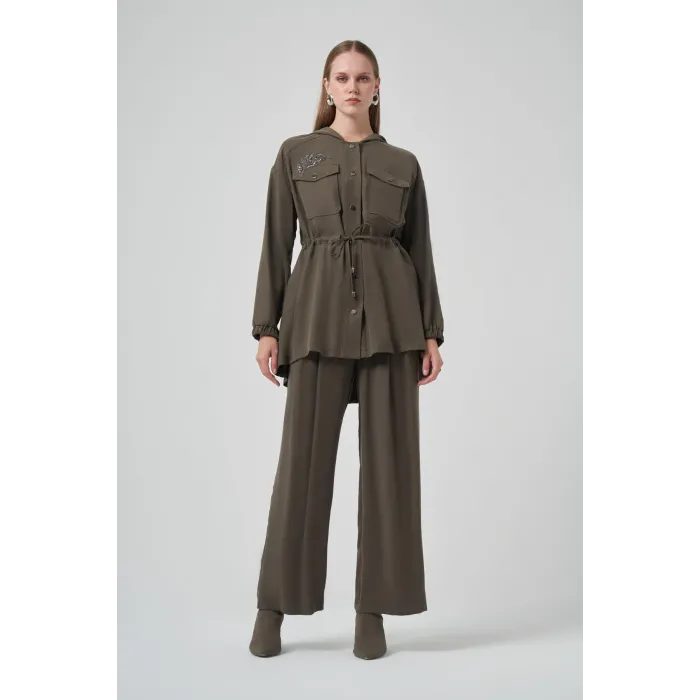 Nuss 1022 Taş İşlemeli Pantolonlu Takım - Haki