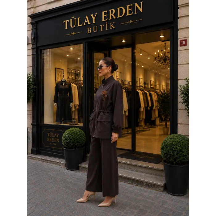 Nuss 1032 Çiçeklei Boncuk İşlemeli Pantolonlu Takım - BİTTER