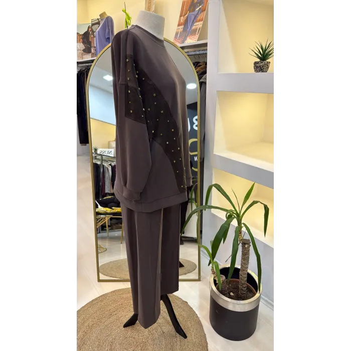 Nuss 1037 Taş İşlemeli Pantolonlu Takım kahve