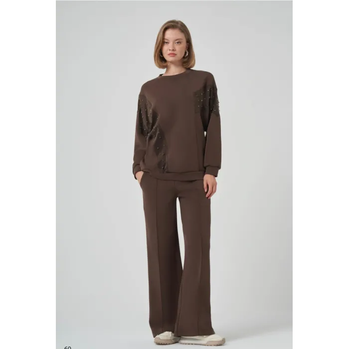 Nuss 1037 Taş İşlemeli Pantolonlu Takım kahve