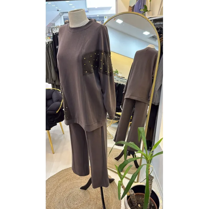 Nuss 1037 Taş İşlemeli Pantolonlu Takım kahve