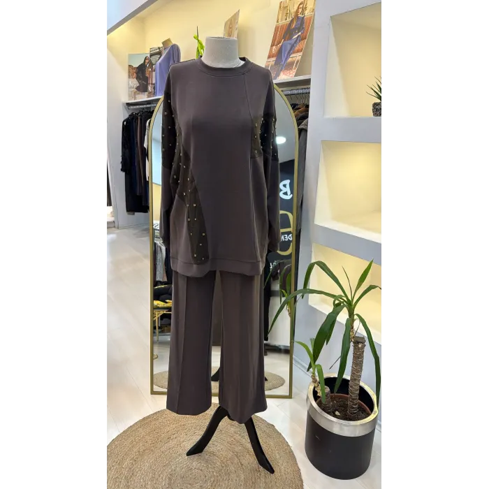 Nuss 1037 Taş İşlemeli Pantolonlu Takım kahve