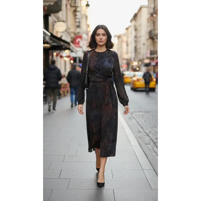 Nuss 2011 İPEK ELBİSE KUŞAK DETAYLİ TARÇİN