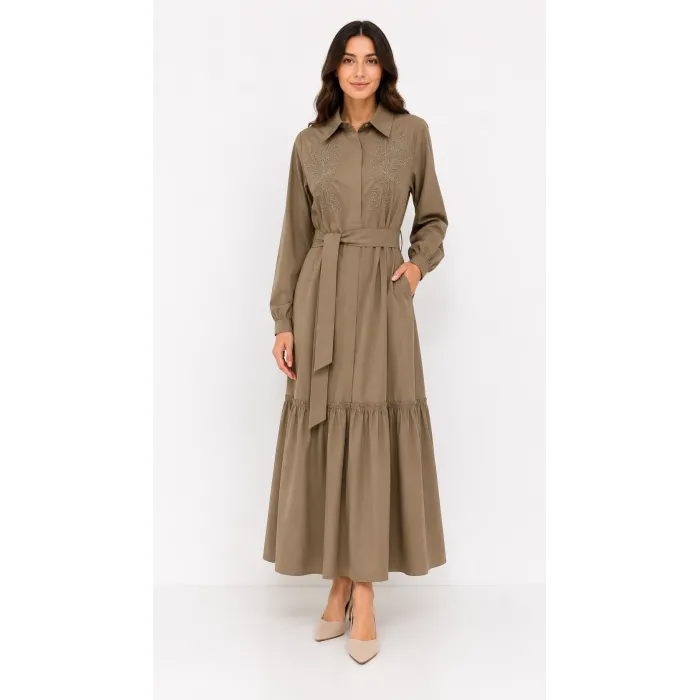 NUSS 2040 DESENLİ ELBİSE- CAMEL