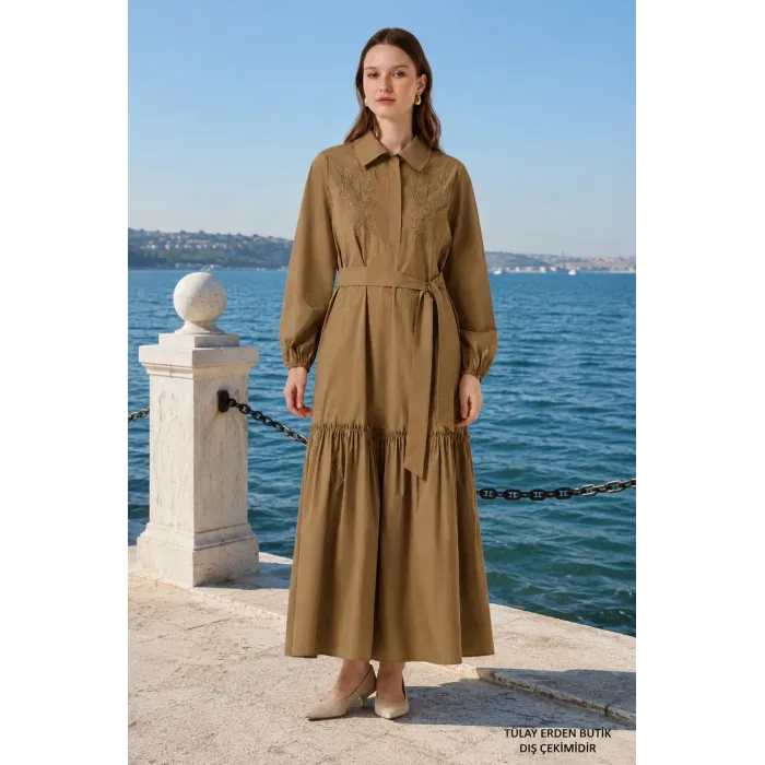 NUSS 2040 DESENLİ ELBİSE- CAMEL