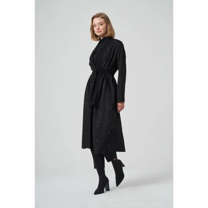 Nuss 6001 Şal Yaka Taş İşlemeli Kap - Siyah