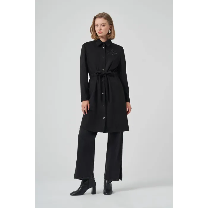 Nuss 6012 Yaka Taş İşlemeli Süvet Kap - Siyah