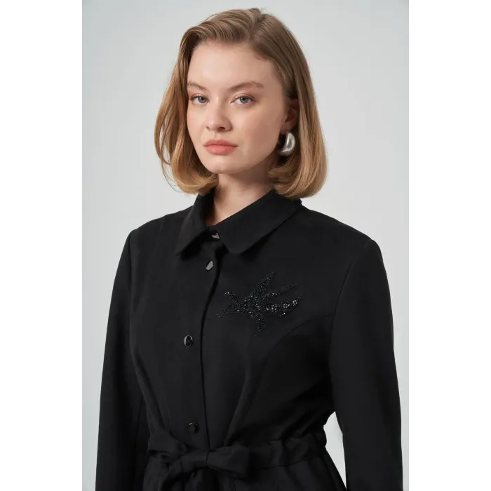 Nuss 6012 Yaka Taş İşlemeli Süvet Kap - Siyah