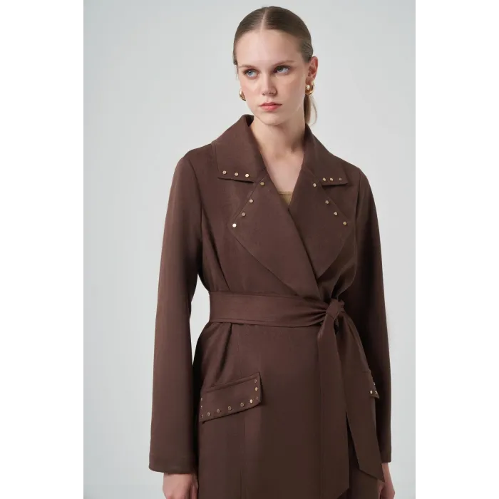 Nuss 6029 Yaka Zımba Detay Süet Kap - KAHVE