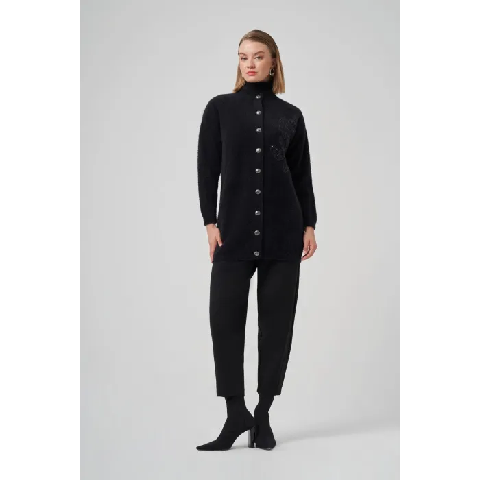 Nuss 7007 Yan Nakış İşlemeli Hırka - Siyah