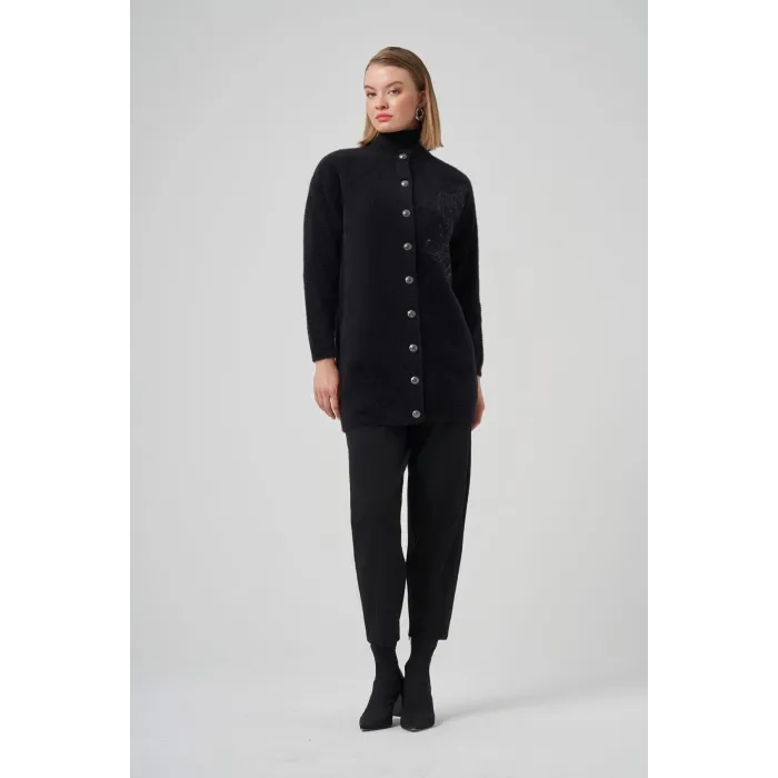 Nuss 7007 Yan Nakış İşlemeli Hırka - Siyah