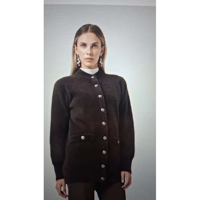 Nuss 7008  Cep Detay Düğmeli Angora Hırka - kahve