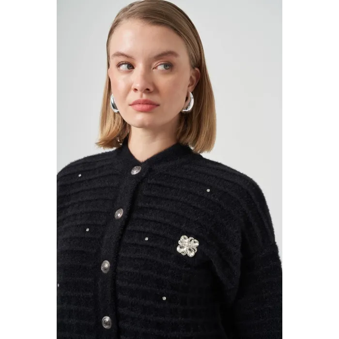 Nuss 7010 Serpme Taş İşlemeli Hırka - Siyah