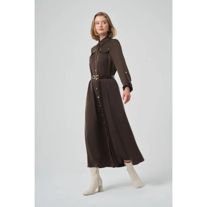 Nuss kemer ve citcit detayli ipek elbise 2002 kahve