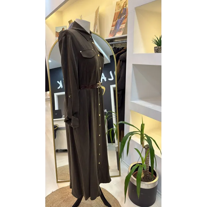 Nuss kemer ve citcit detayli ipek elbise 2002 kahve