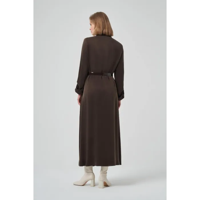 Nuss kemer ve citcit detayli ipek elbise 2002 kahve