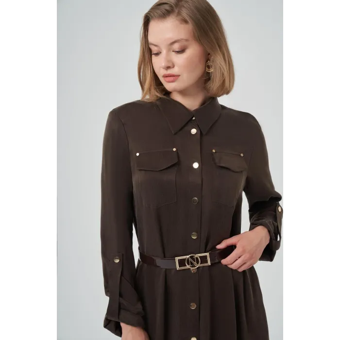 Nuss kemer ve citcit detayli ipek elbise 2002 kahve