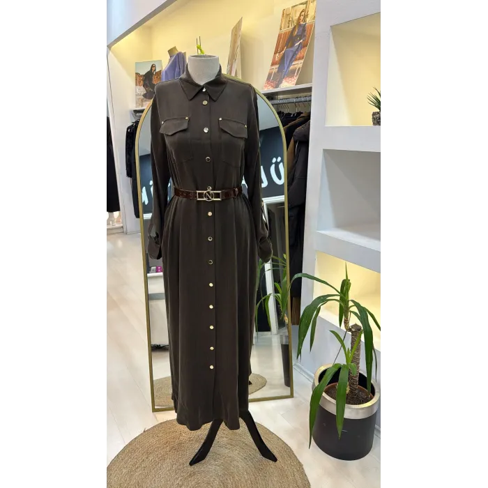 Nuss kemer ve citcit detayli ipek elbise 2002 kahve