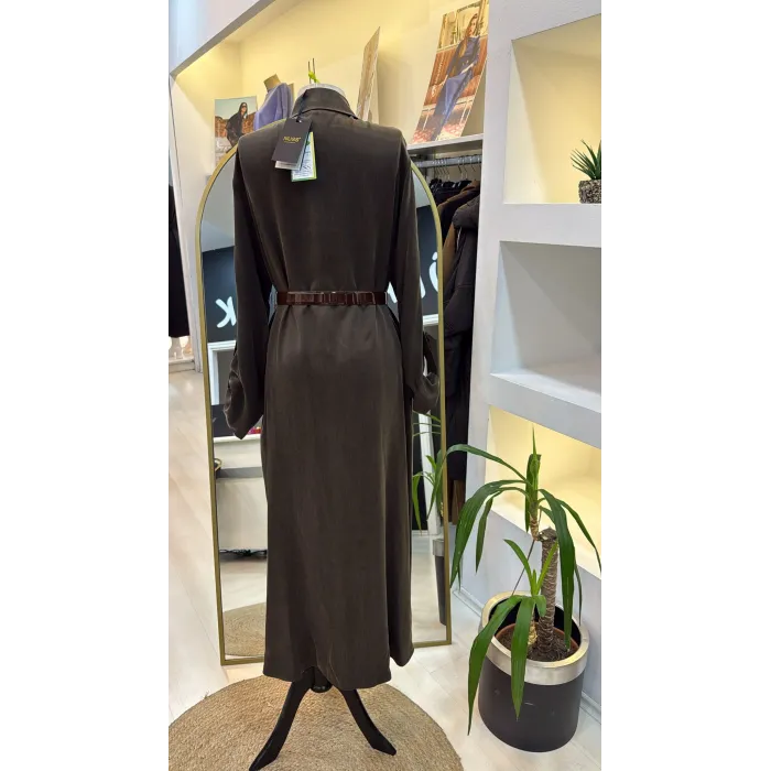 Nuss kemer ve citcit detayli ipek elbise 2002 kahve