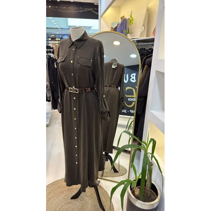 Nuss kemer ve citcit detayli ipek elbise 2002 kahve