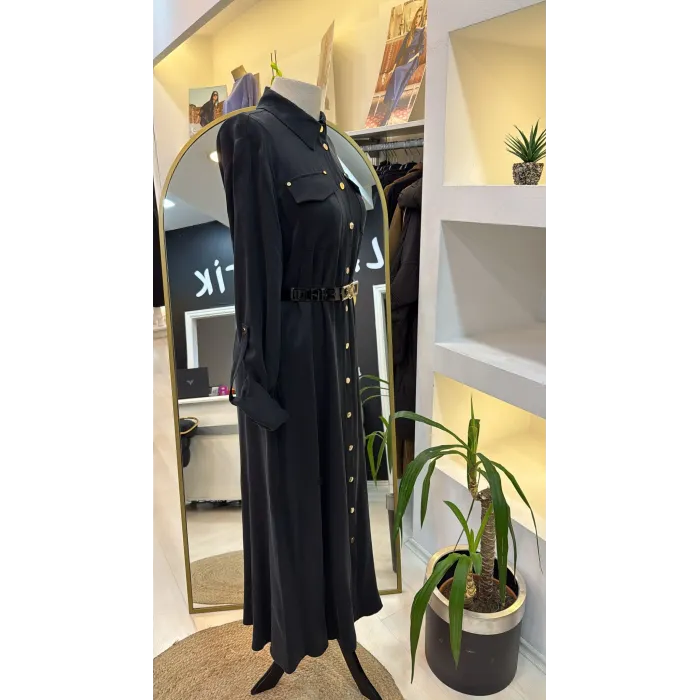 Nuss kemer ve citcit detayli ipek elbise 2002 siyah