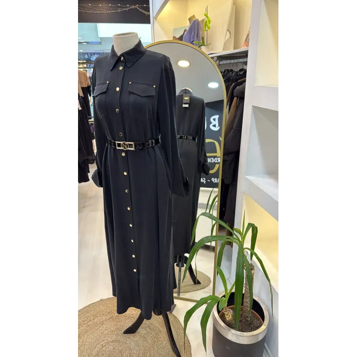 Nuss kemer ve citcit detayli ipek elbise 2002 siyah