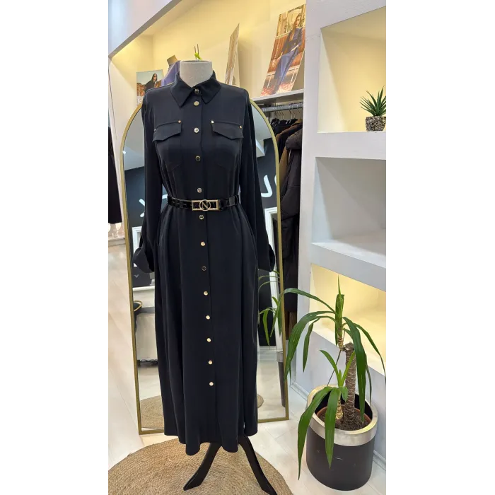 Nuss kemer ve citcit detayli ipek elbise 2002 siyah