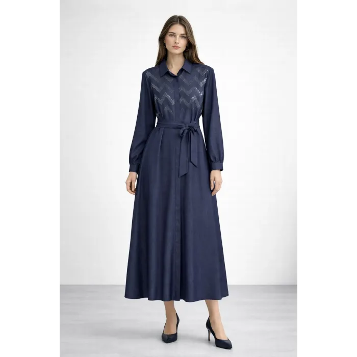 Nuss Payet Detay Kemerli Elbise - Denim 2034