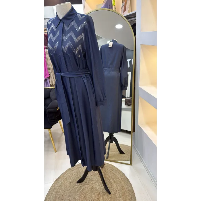 Nuss Payet Detay Kemerli Elbise - Denim 2034