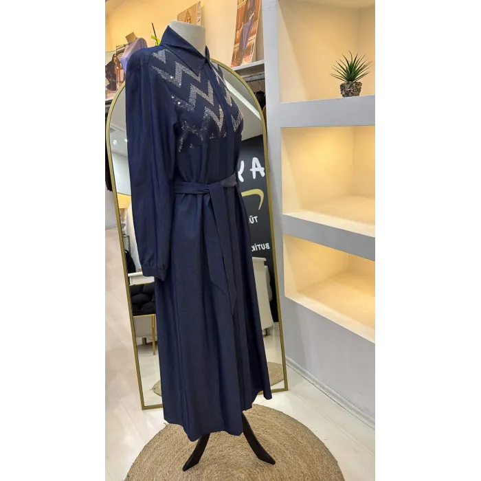 Nuss Payet Detay Kemerli Elbise - Denim 2034