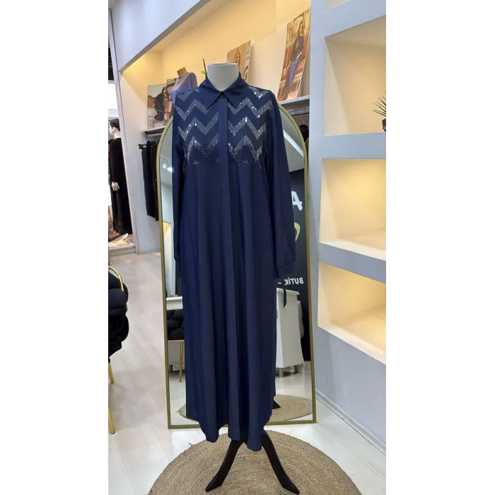 Nuss Payet Detay Kemerli Elbise - Denim 2034