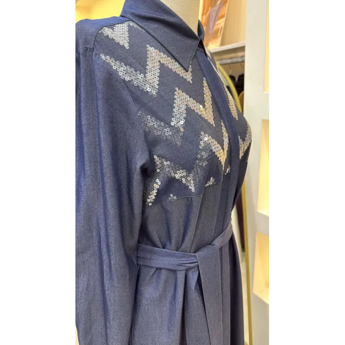 Nuss Payet Detay Kemerli Elbise - Denim 2034