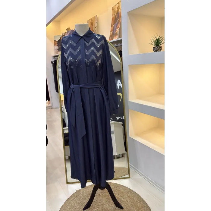 Nuss Payet Detay Kemerli Elbise - Denim 2034