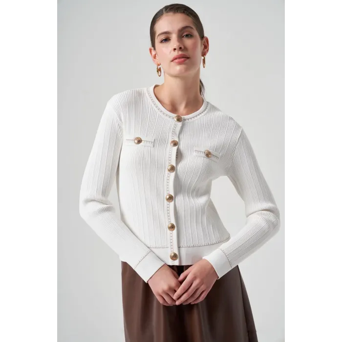 Nuss Triko Fitilli Ekru Hırka1115