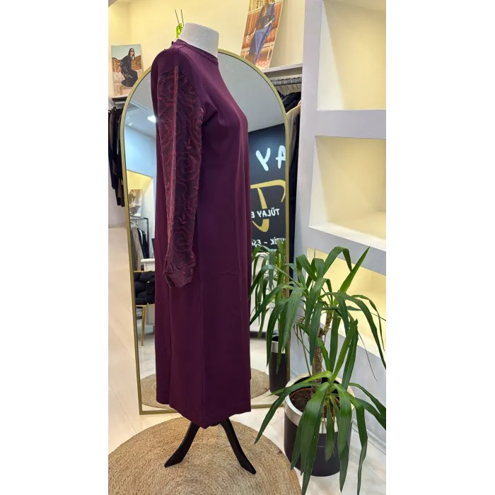 Nuss triko kollari cupra ipek elbise bordo 2062