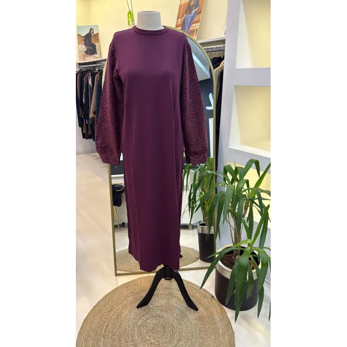 Nuss triko kollari cupra ipek elbise bordo 2062