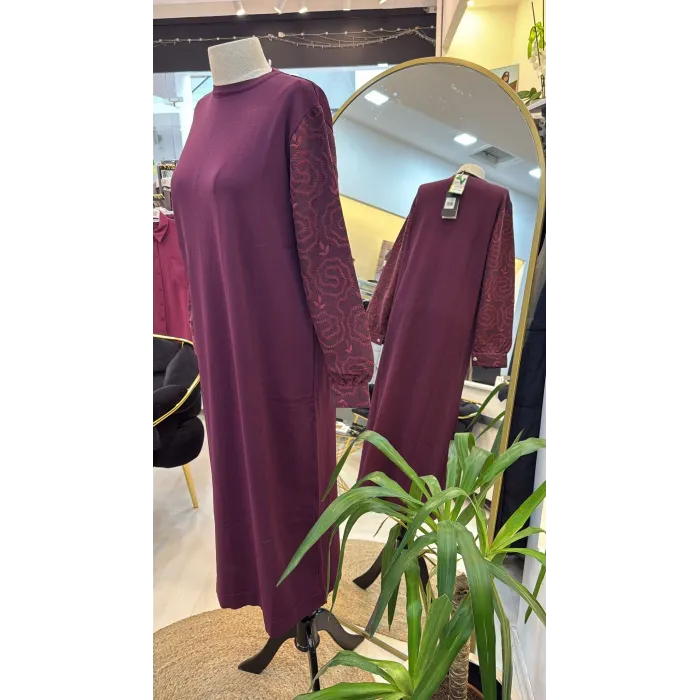 Nuss triko kollari cupra ipek elbise bordo 2062