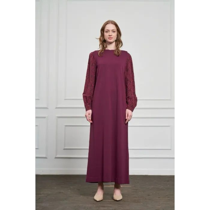 Nuss triko kollari cupra ipek elbise bordo 2062