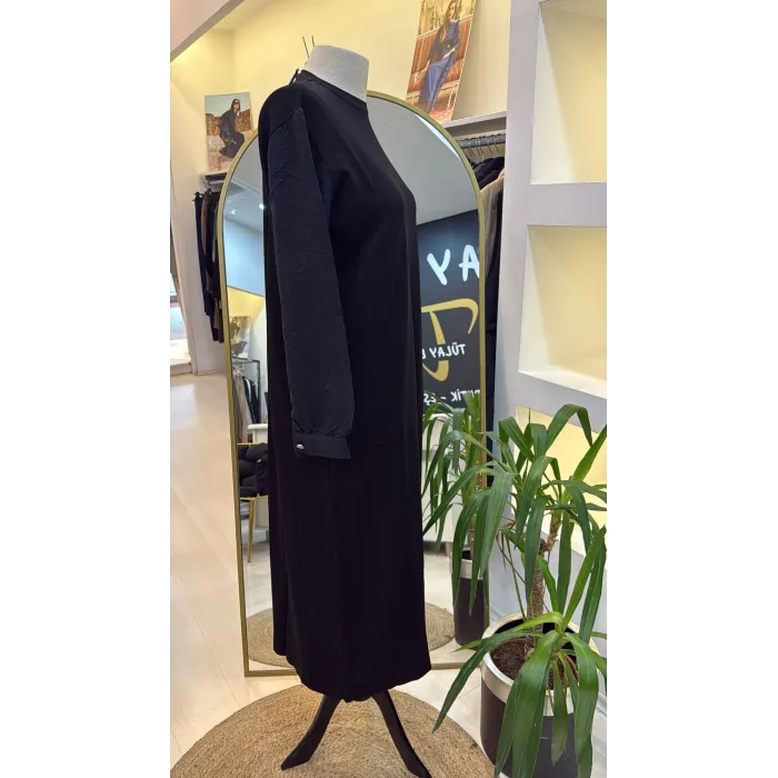 Nuss triko kollari cupra ipek elbise siyah 2062