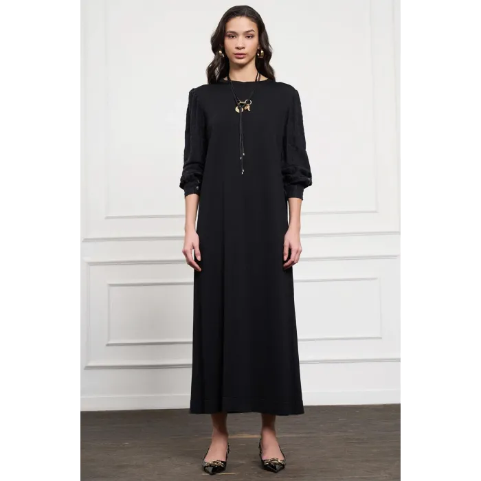 Nuss triko kollari cupra ipek elbise siyah 2062