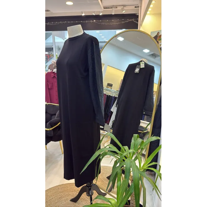 Nuss triko kollari cupra ipek elbise siyah 2062